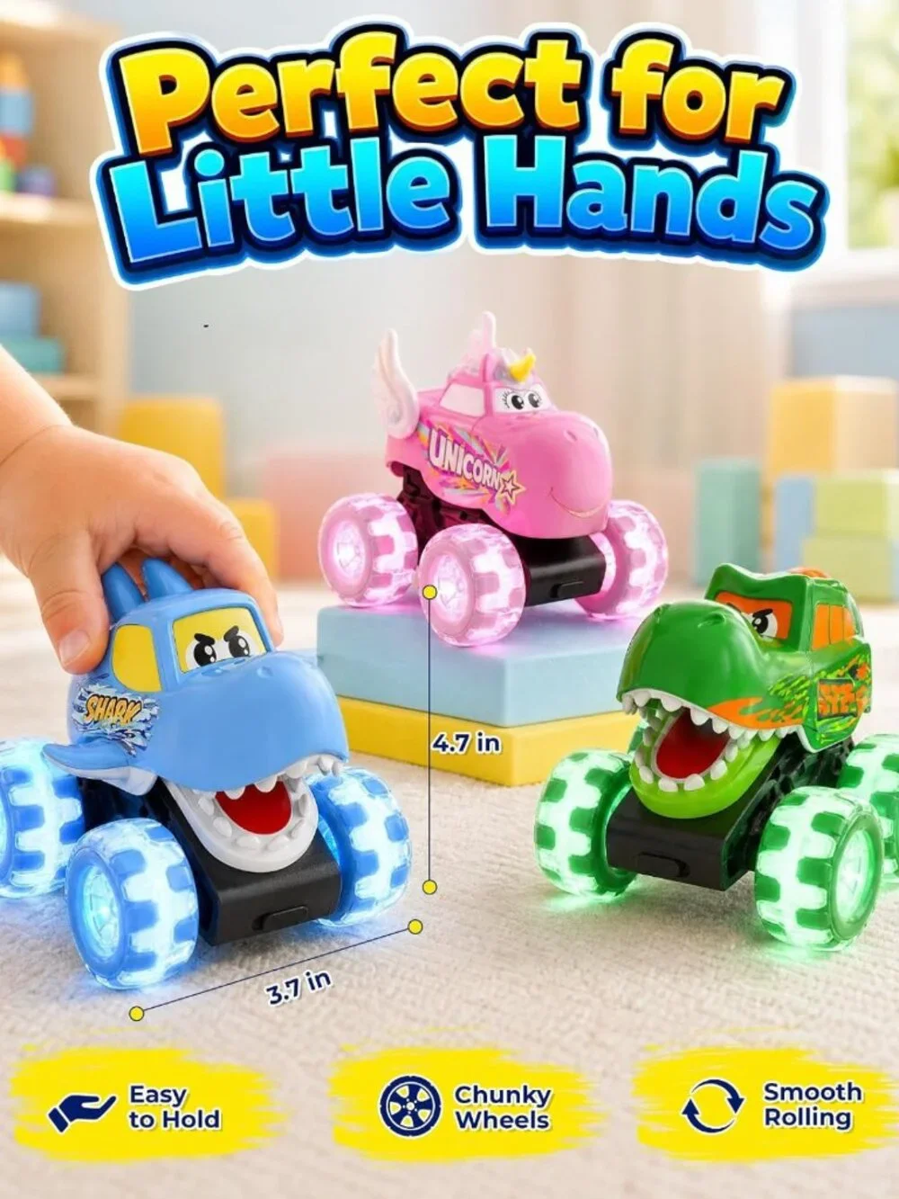 3 Pack Light Up Monster Truck Toys for Toddlers, Big Wheel Friction Cars, Fun